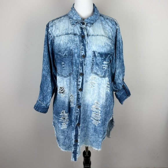 Thrill Jeans Distressed Denim Shirt Tunic Blue Acid Wash Size 1X - Picture 2 of 8